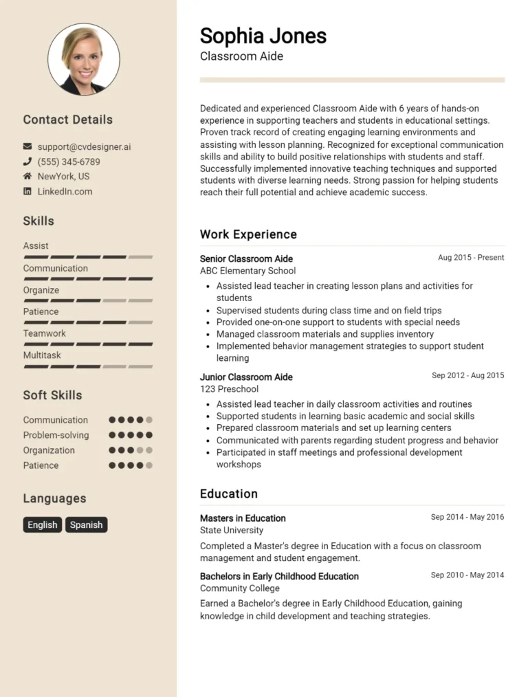 Classroom Aide CV Example For 2025: Best Writing Guide
