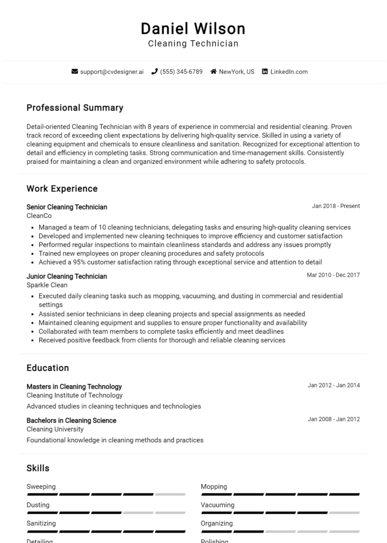 Cleaning Technician Resume Example for 2025: Strategies & Templates
