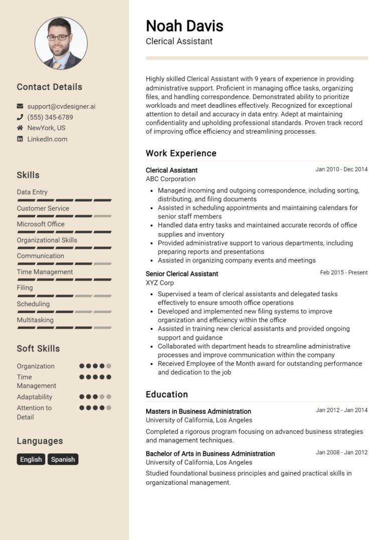 Clerical Assistant Resume Example for 2025: How to Create a Professional CV