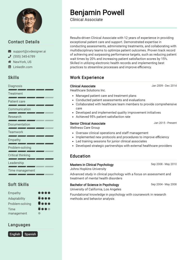 Clinical Associate Resume Example for 2025: Tips & Templates