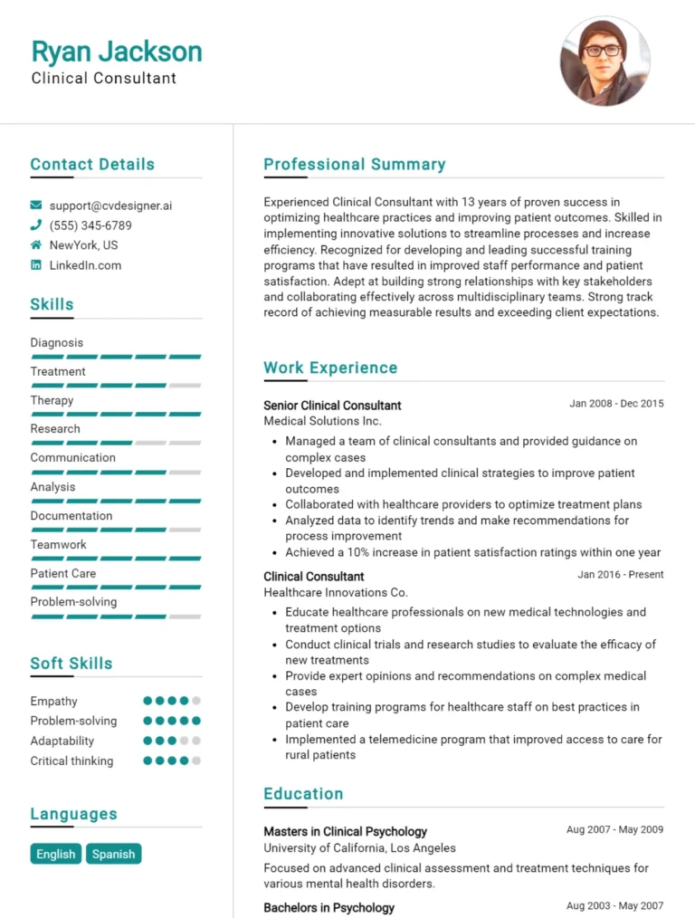 Clinical Consultant CV Example For 2025: Tips & Templates