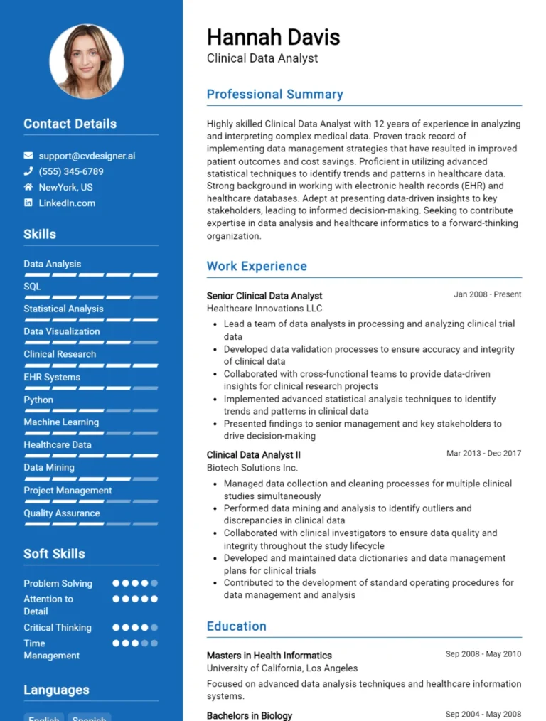 Clinical Data Analyst CV Example For 2025: Free Professional Templates