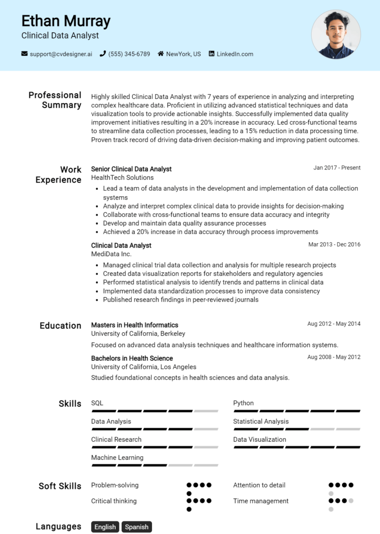 Clinical Data Analyst Resume Example for 2025: How to Create a Professional CV