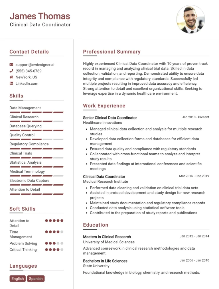 Clinical Data Coordinator CV Example For 2025: Top CV Skills