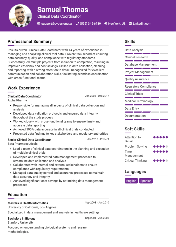 Clinical Data Coordinator Resume Example