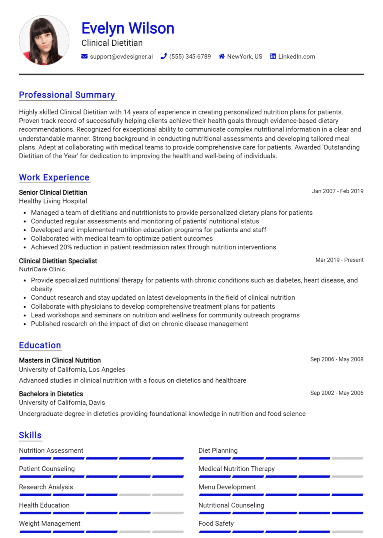 Clinical Dietitian Resume Example for 2025: Best Formatting Tips