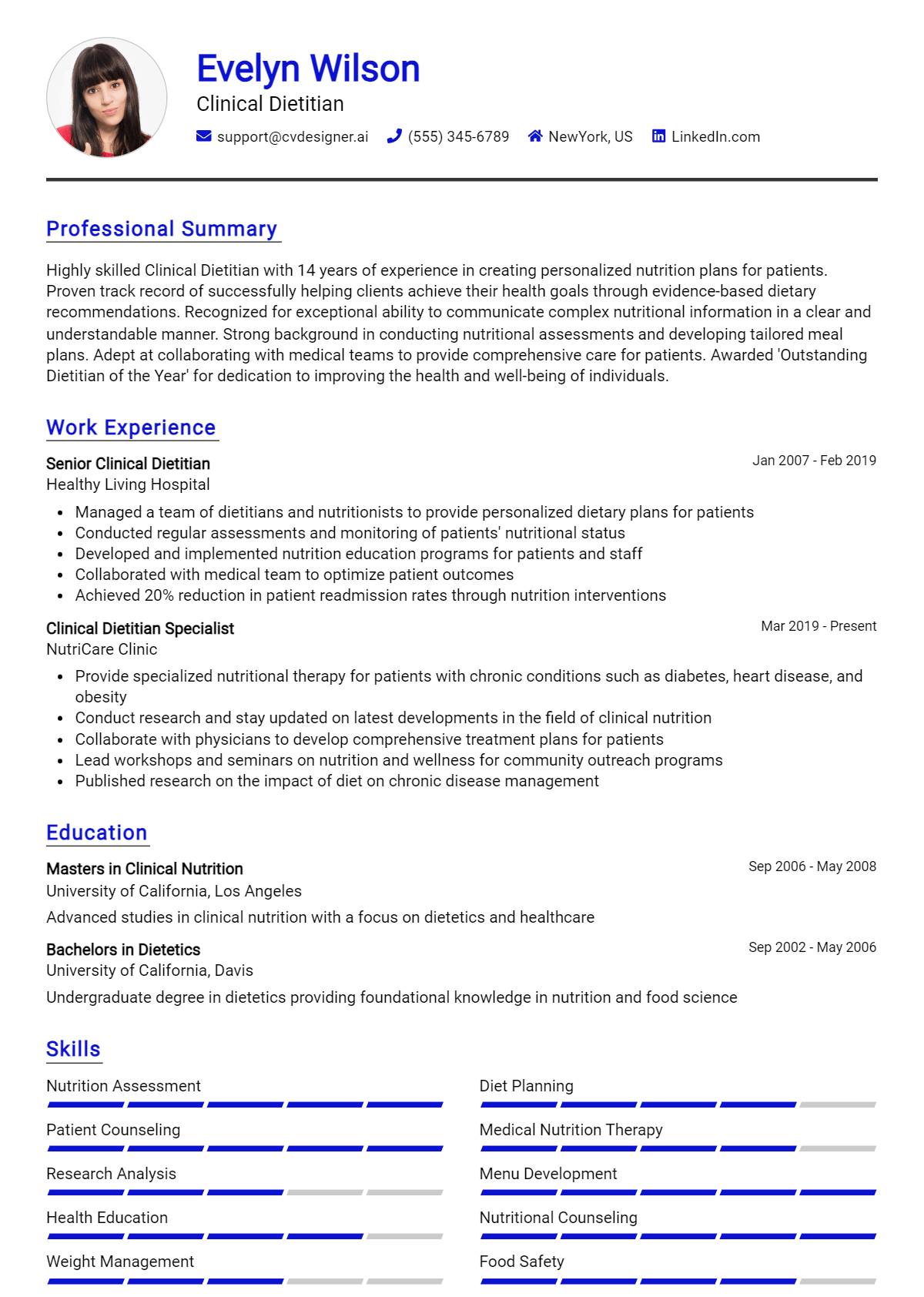 Clinical Dietitian Resume Example