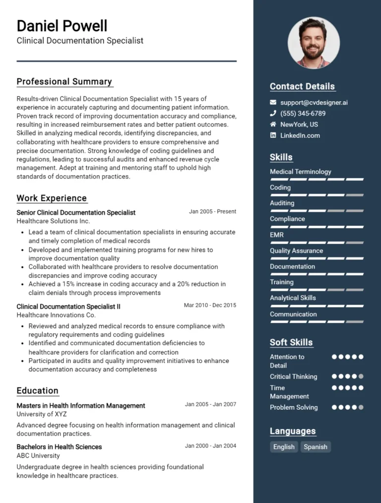 Clinical Documentation Specialist CV Example For 2025: Expert Tips & Templates