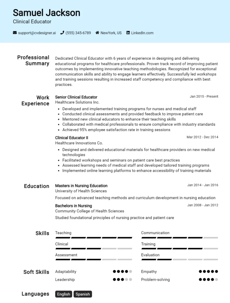 Clinical Educator CV Example