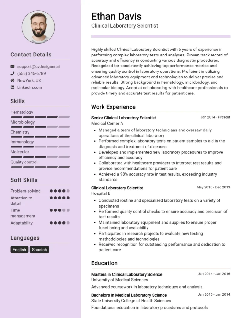 Clinical Laboratory Scientist CV Example For 2025: Proven Tips & Templates