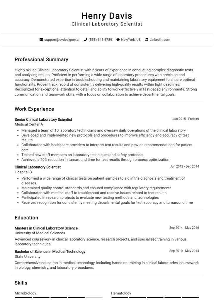 Clinical Laboratory Scientist Resume Example