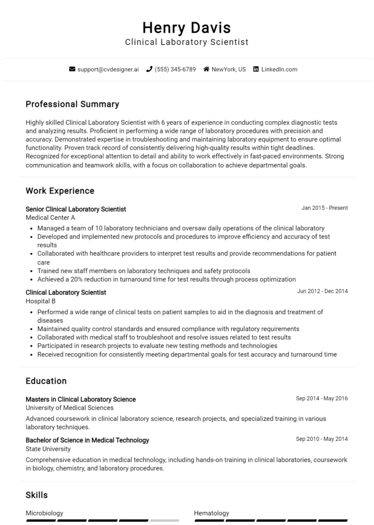 Clinical Laboratory Scientist Resume Example for 2025: Free Professional Templates