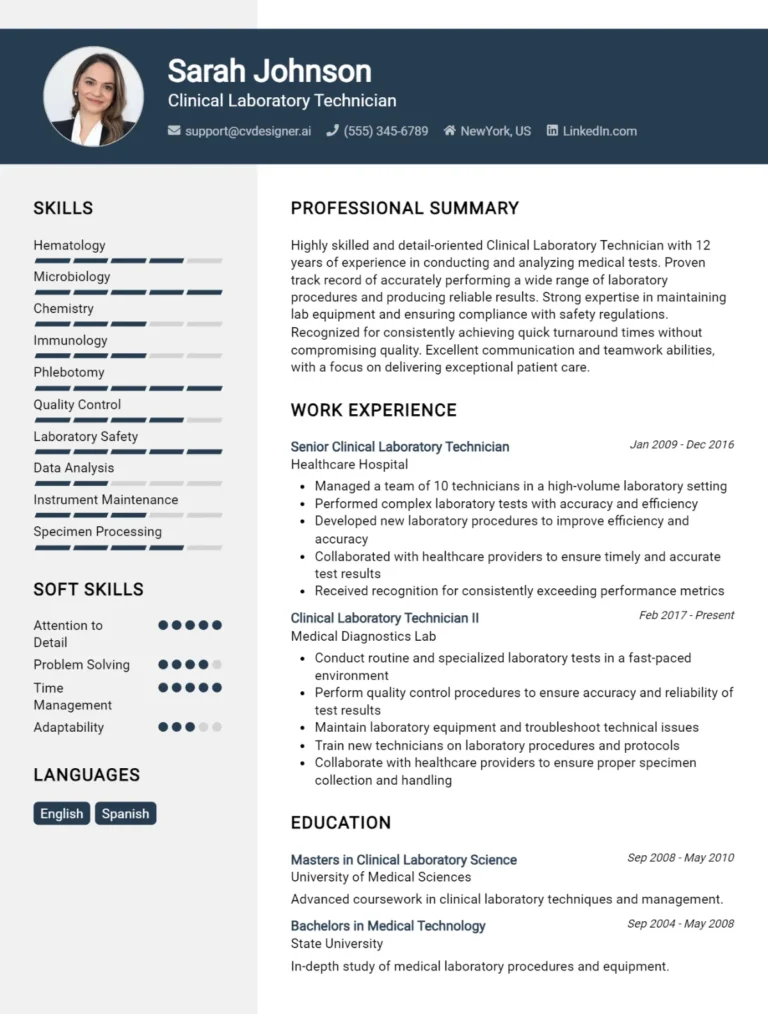 Clinical Laboratory Technician CV Example For 2025: Top CV Skills