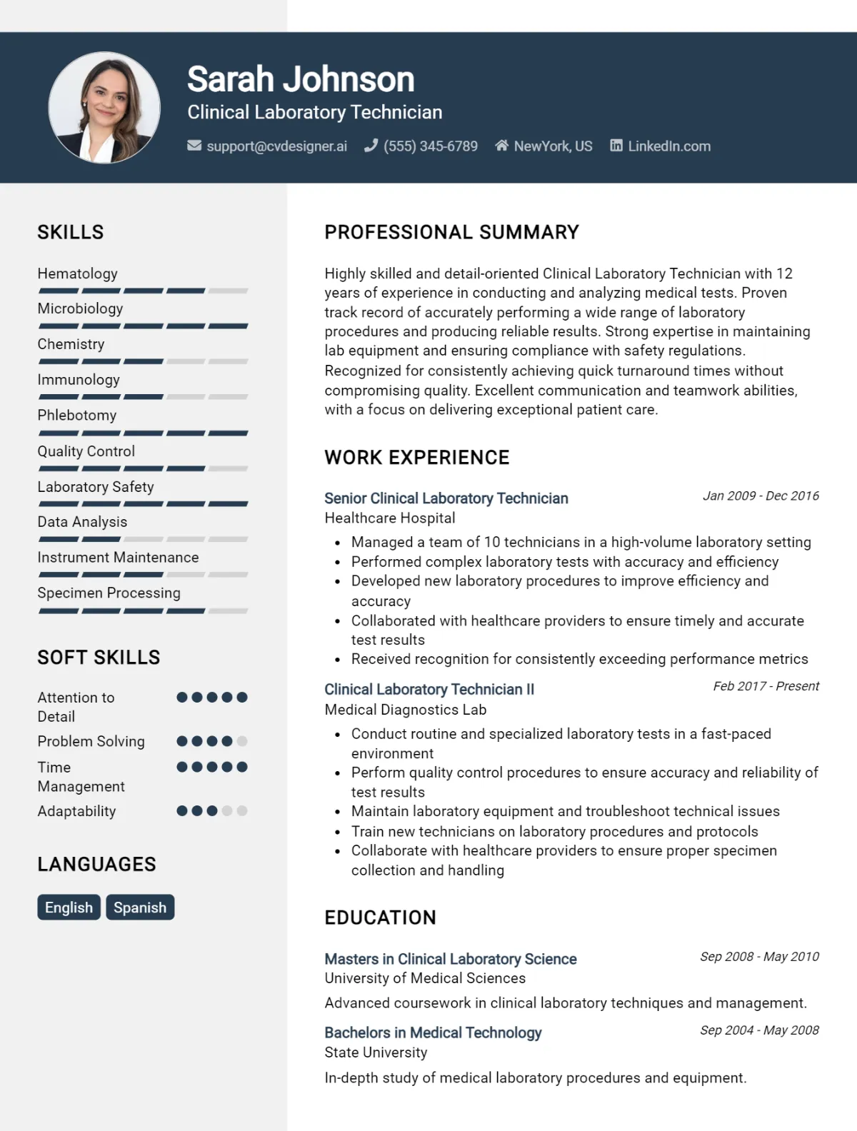 Clinical Laboratory Technician CV Example