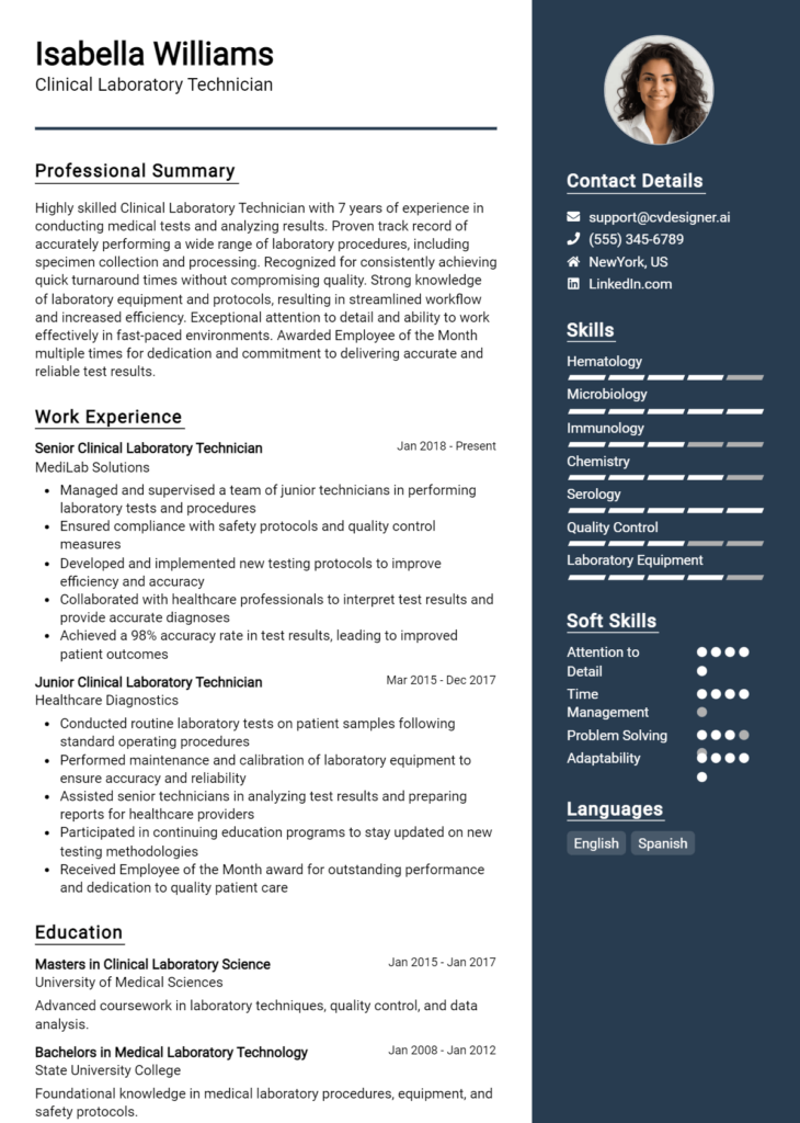 Clinical Laboratory Technician Resume Example