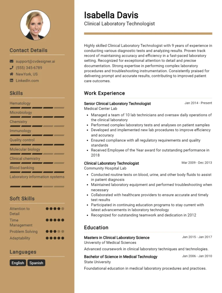 Clinical Laboratory Technologist CV Example For 2025: Best Tips & Templates