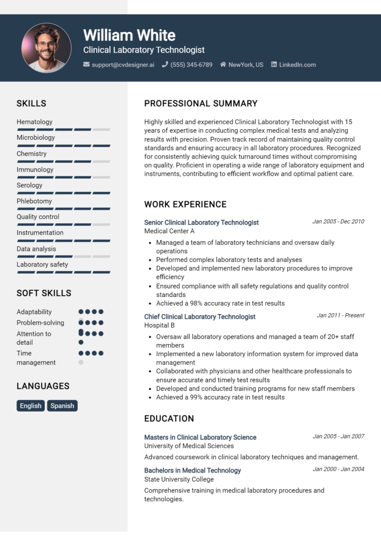 Clinical Laboratory Technologist Resume Example for 2025: Strategies & Templates