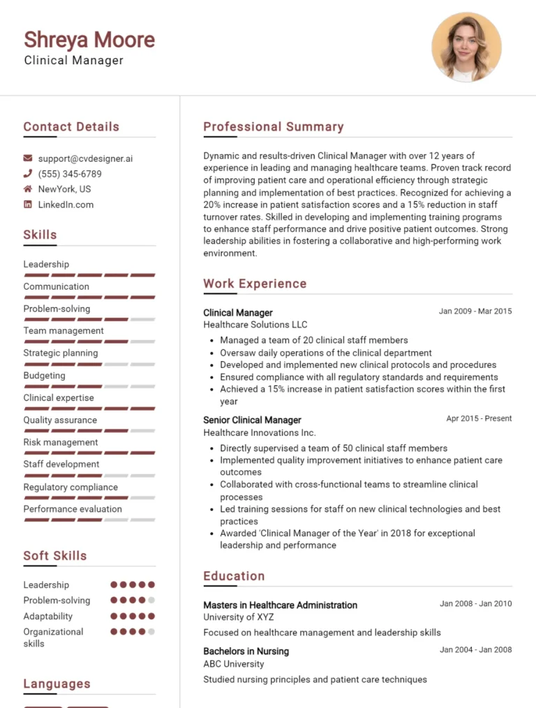 Clinical Manager CV Example For 2025: Examples & Free Templates