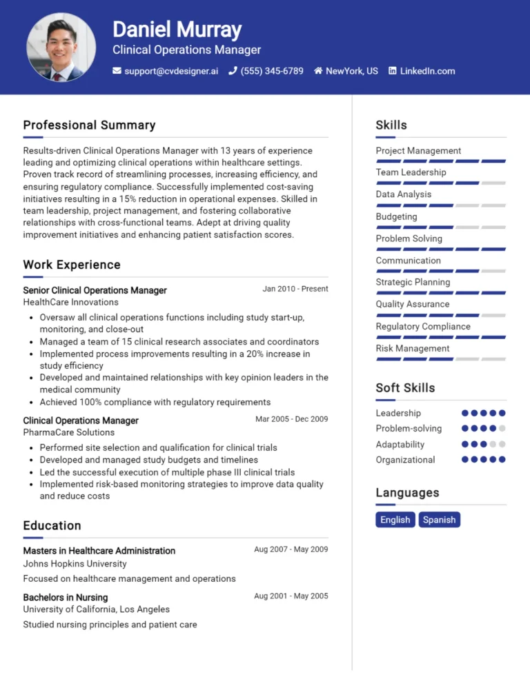 Clinical Operations Manager CV Example For 2025: Free Professional Templates