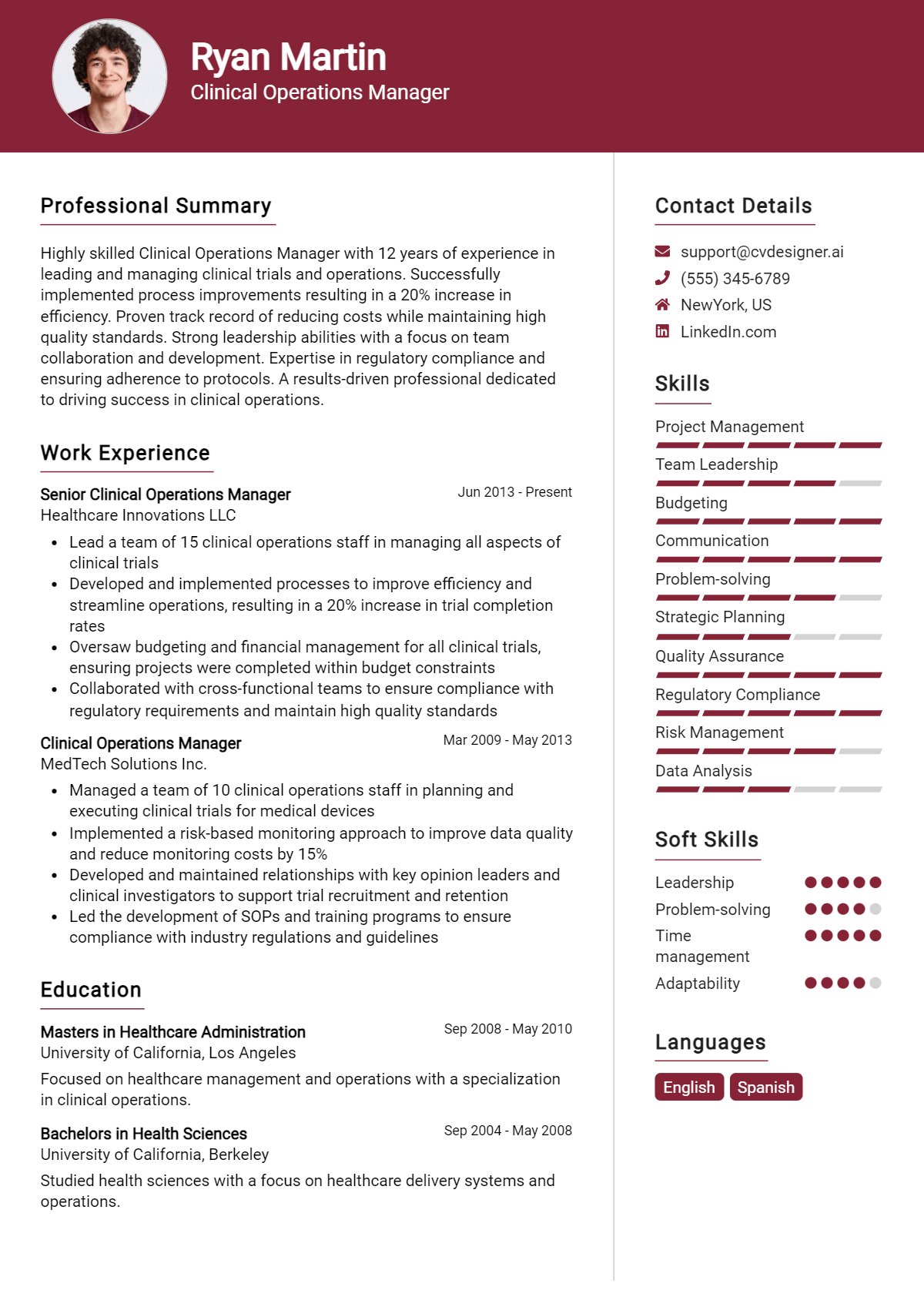 Clinical Operations Manager Resume Example