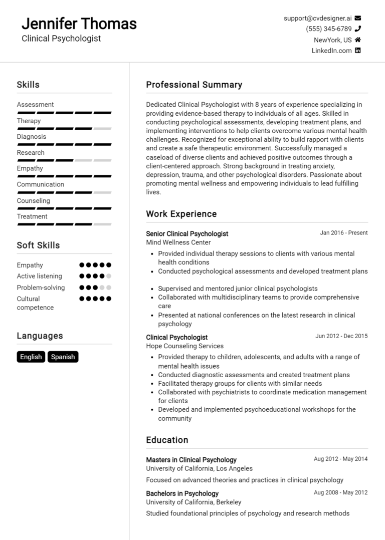 Clinical Psychologist Resume Example for 2025: Free Downloadable Templates