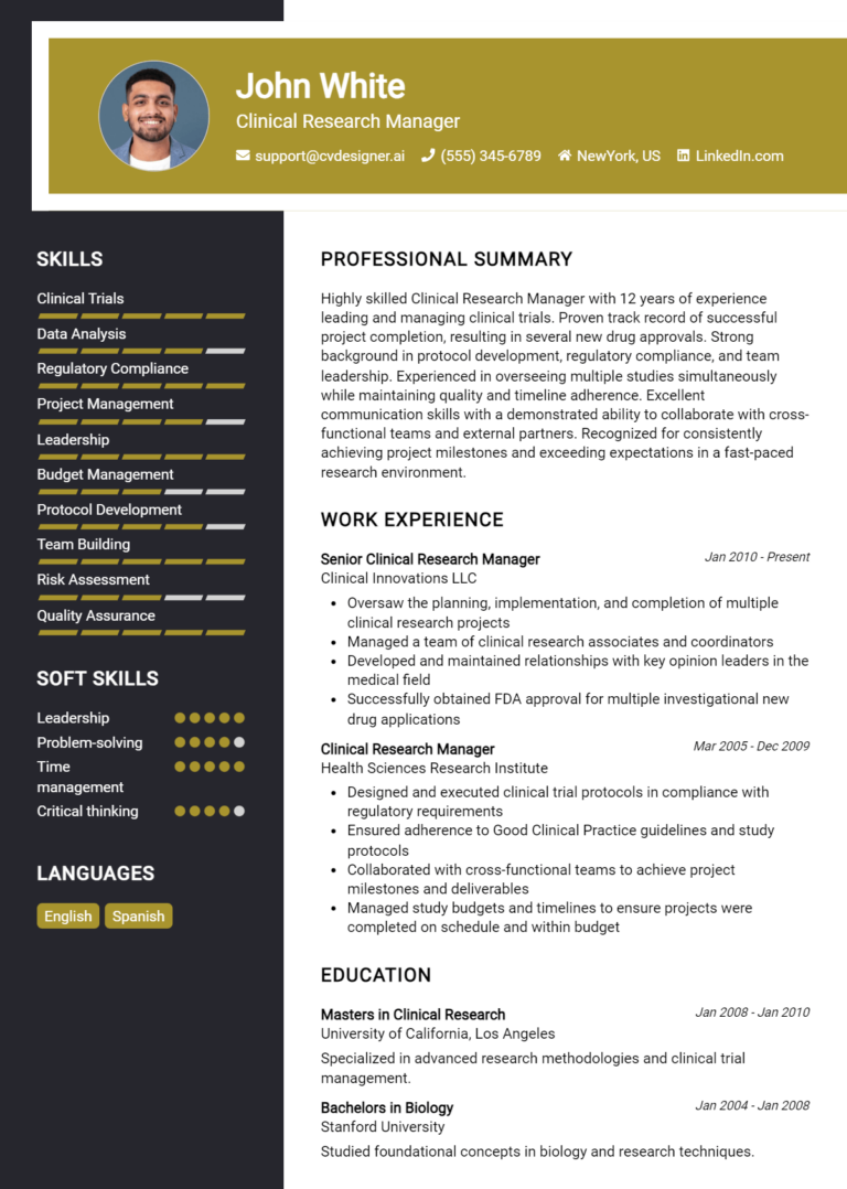 Clinical Research Manager Resume Example for 2025: Best Tips & Templates