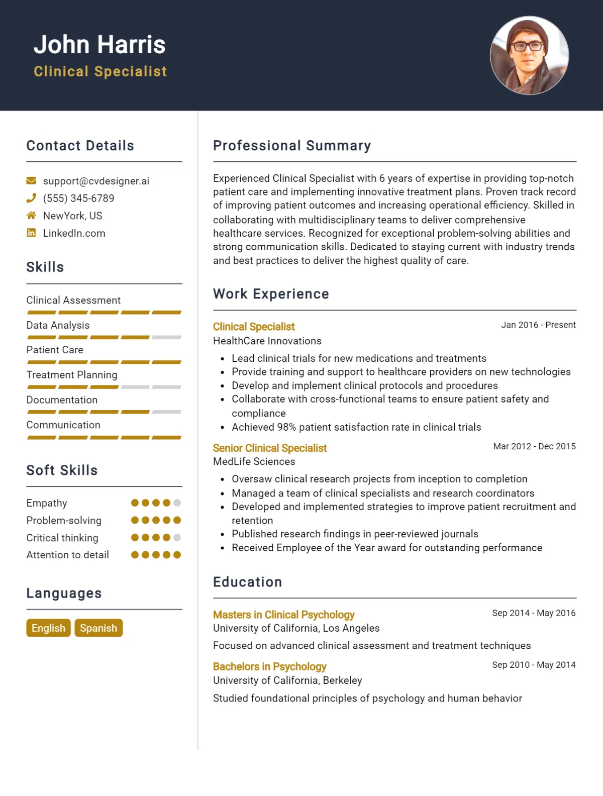 Clinical Specialist CV Example For 2024: Top CV Skills - CVDesigner.ai