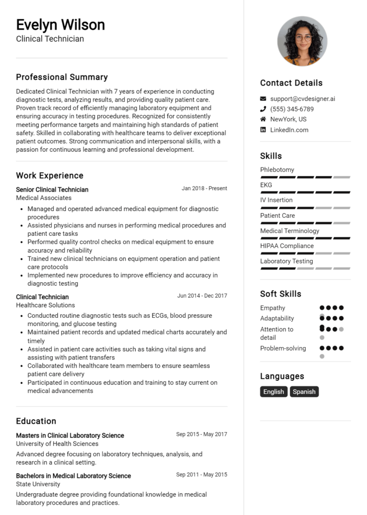 Clinical Technician Resume Example