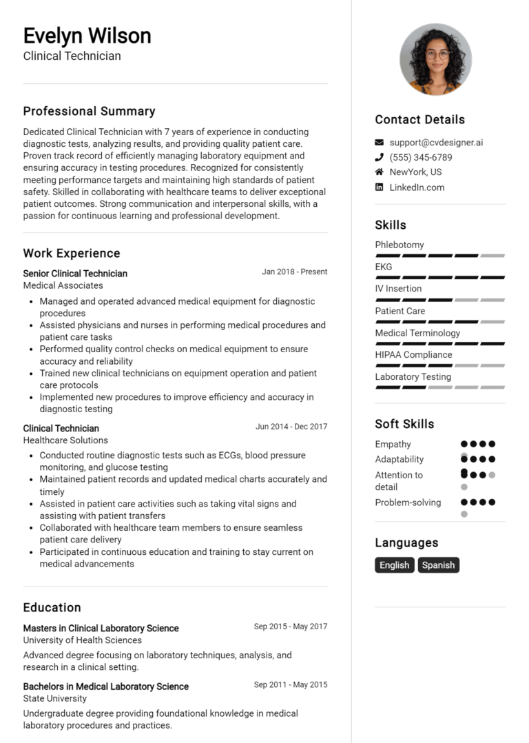 Clinical Technician Resume Example for 2025: Ultimate Guide