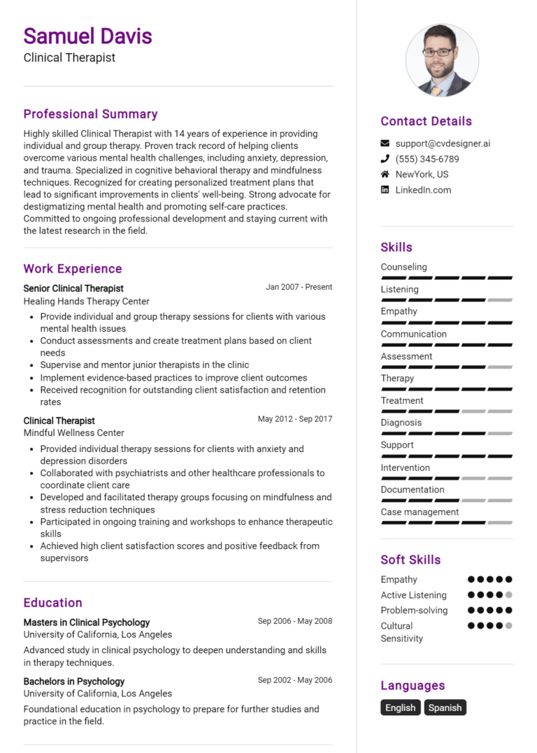 Clinical Therapist Resume Example for 2025: Effective CV Writing Tips