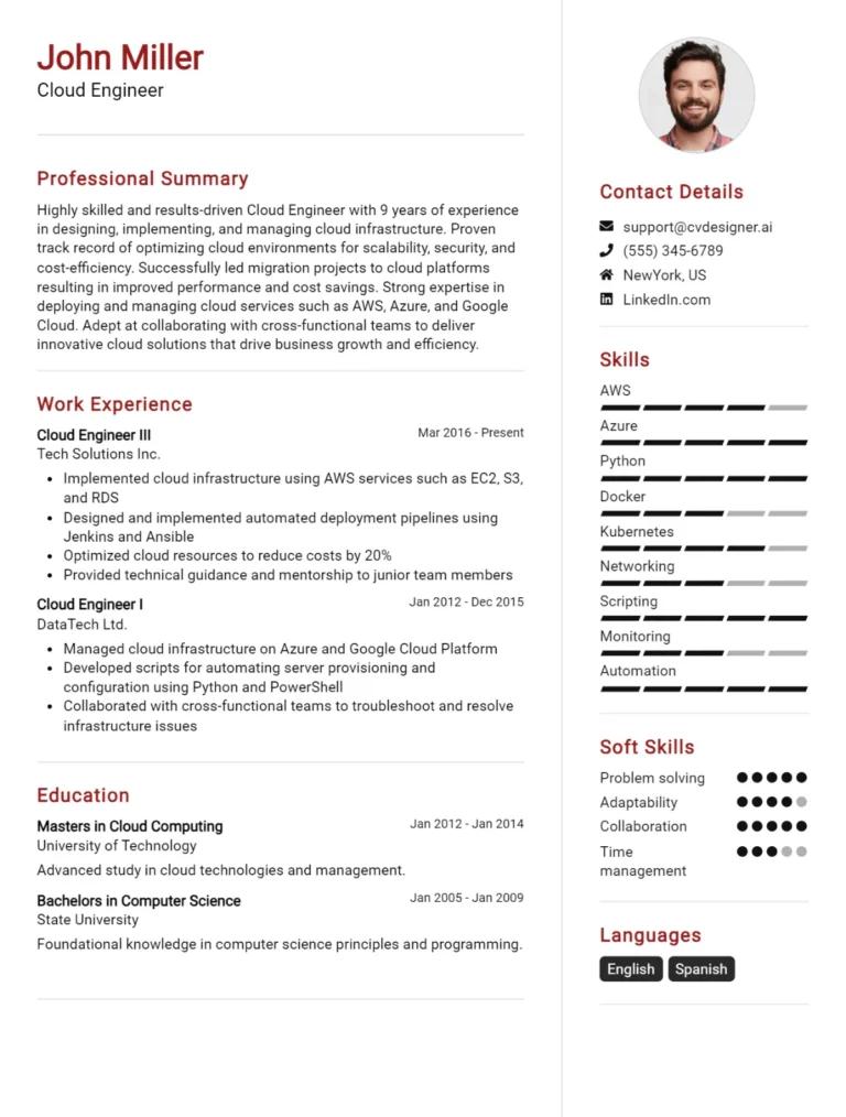 Cloud Engineer CV Example For 2025: Samples & Best Practices