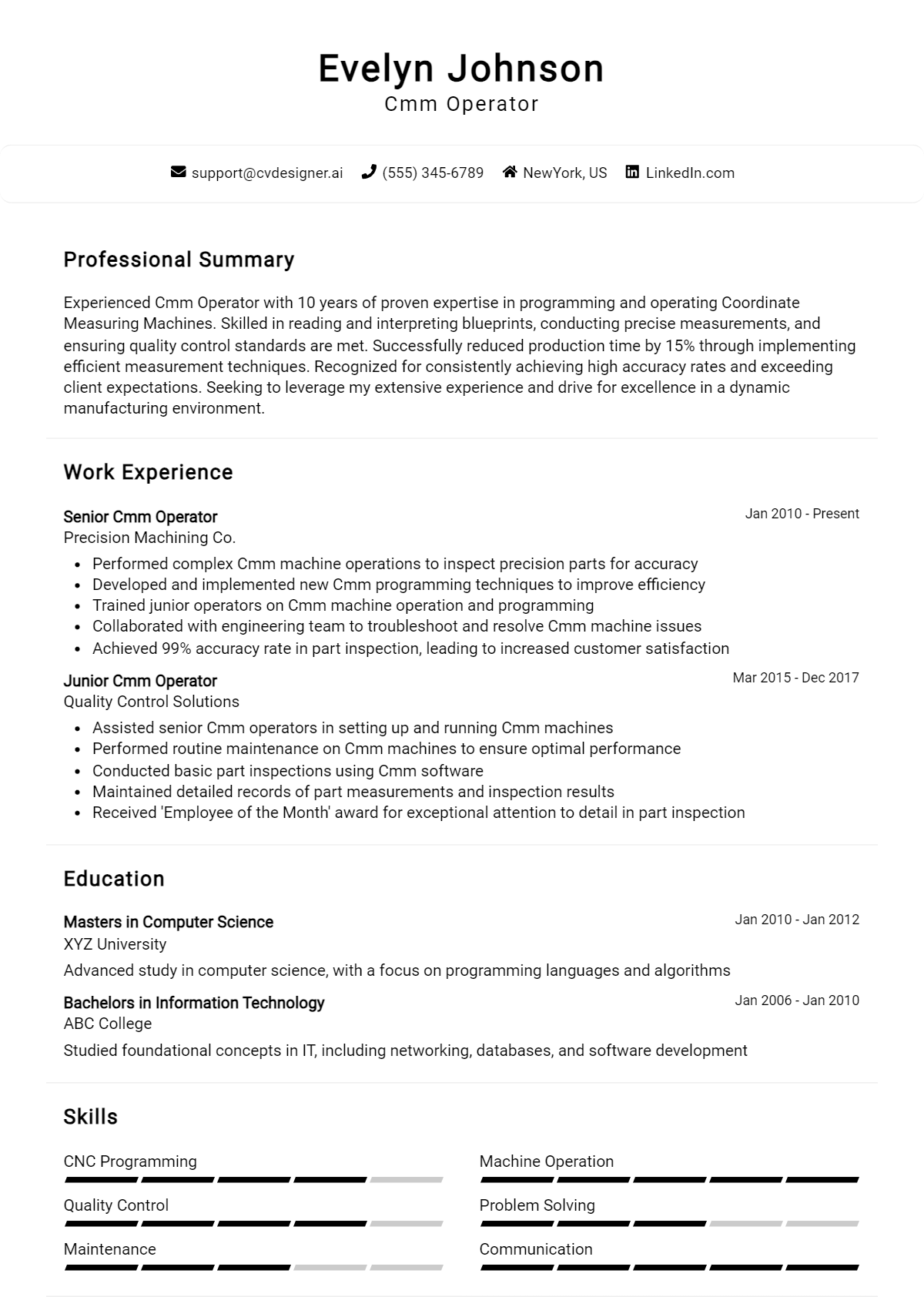 Cmm Operator Resume Example