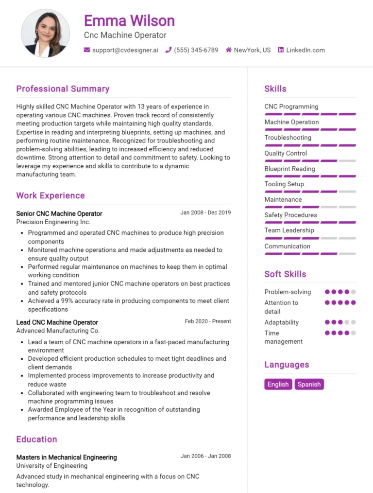 CNC Machine Operator CV Example For 2025: Effective CV Writing Tips