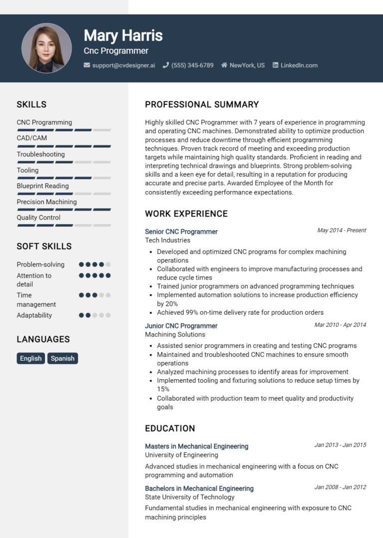 CNC Programmer Resume Example for 2024: Tips & Templates - CVDesigner.ai