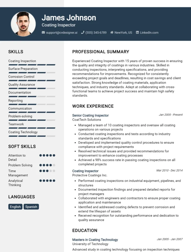Coating Inspector CV Example For 2025: Free Downloadable Templates