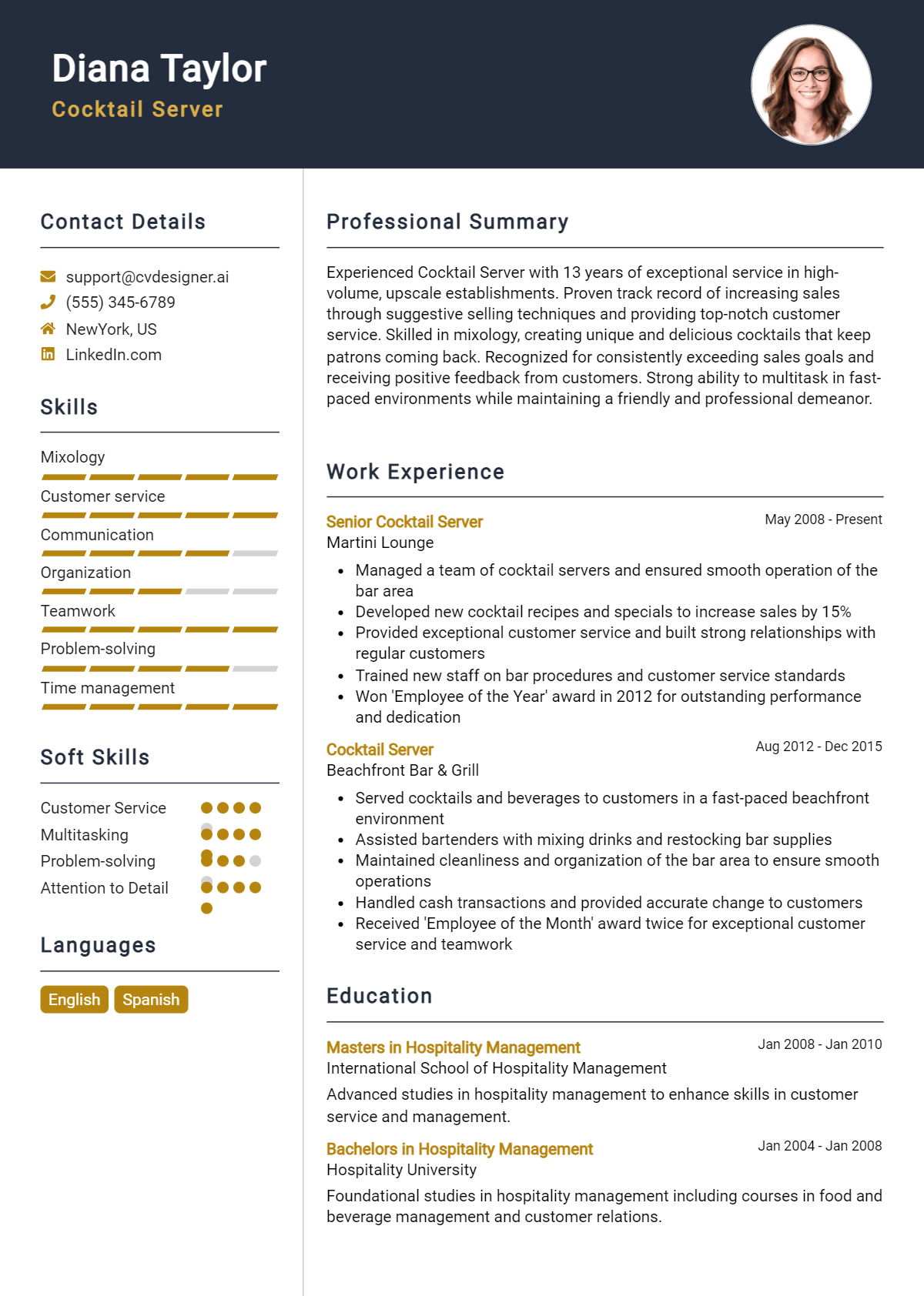 Cocktail Server Resume Example