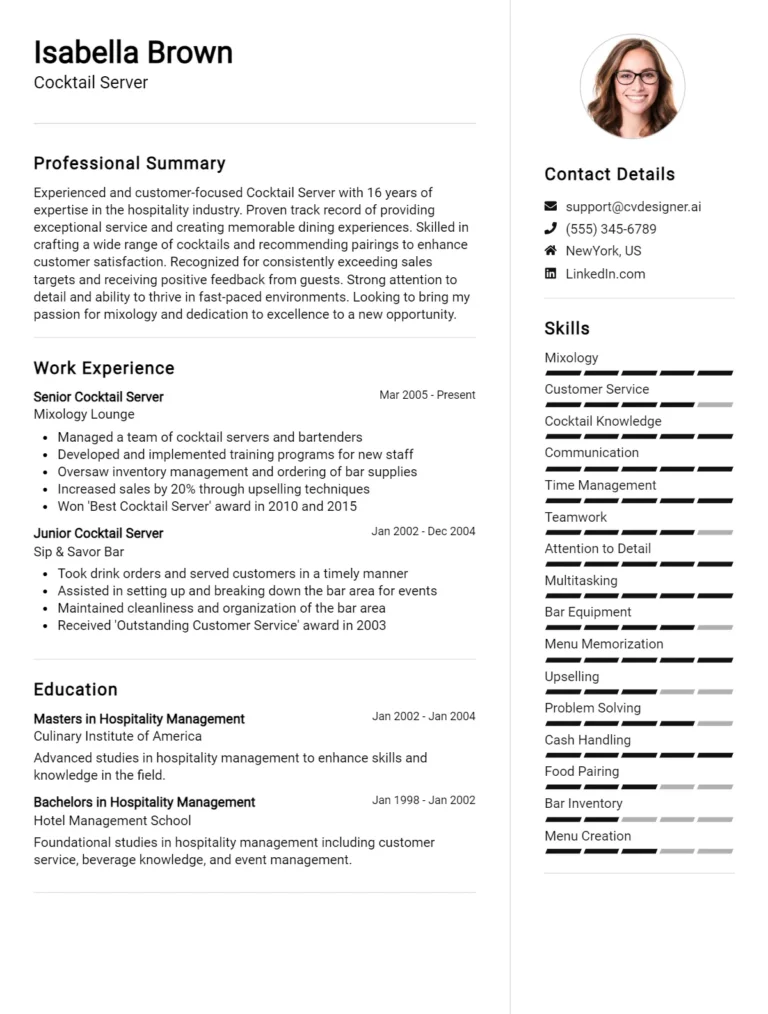 Cocktail Server CV Example For 2025: Free Downloadable Templates