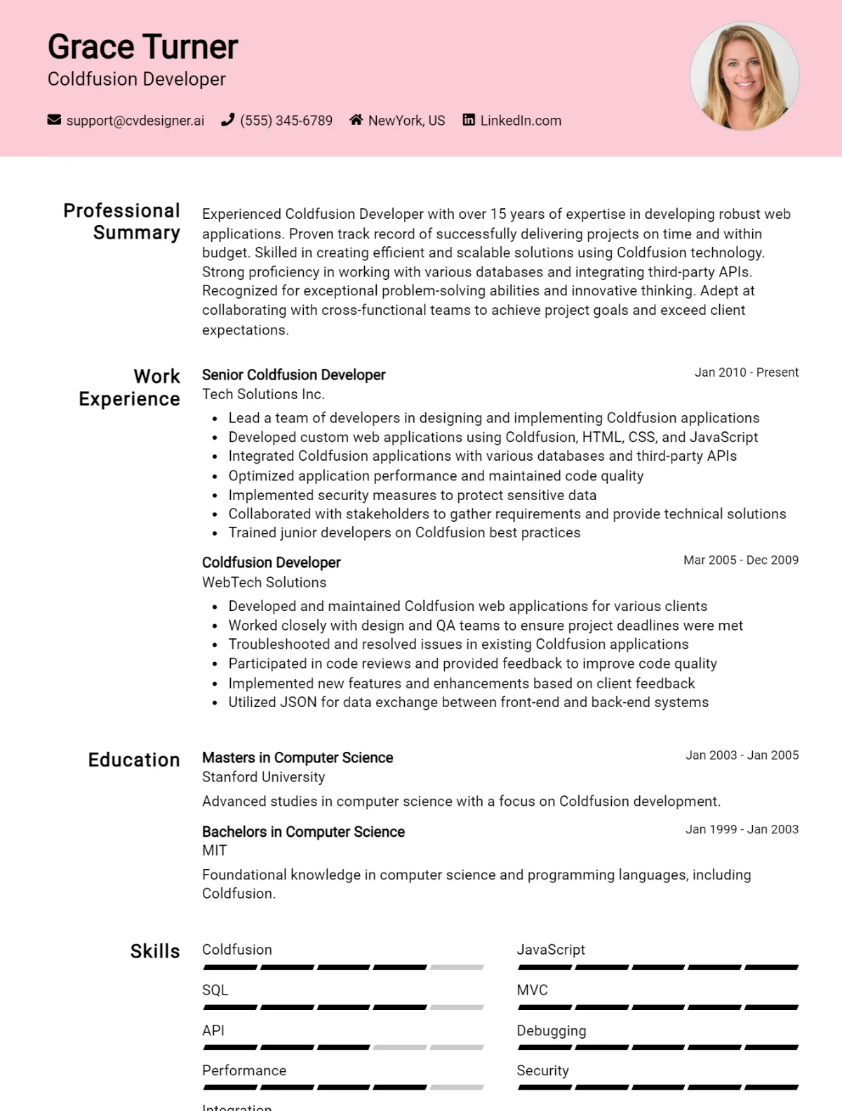 Coldfusion Developer CV Example
