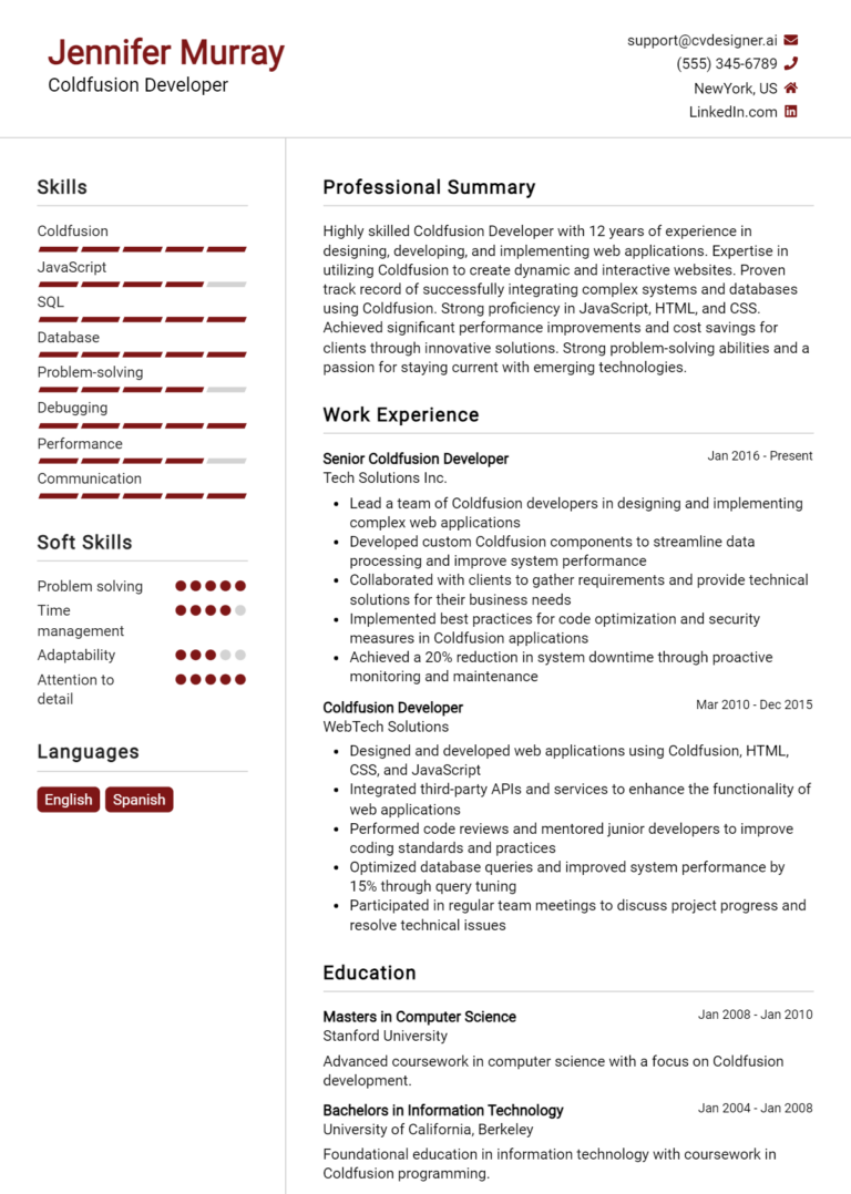 ColdFusion Developer Resume Example for 2025: Best Writing Guide