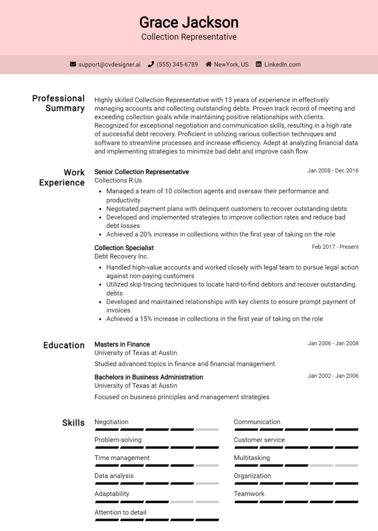 Collection Representative Resume Example for 2025: Best Formatting Tips