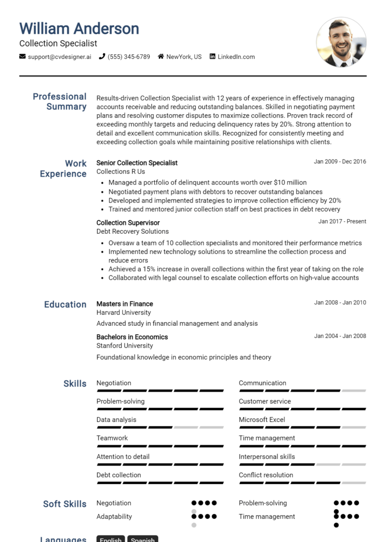 Collection Specialist Resume Example for 2025: Effective CV Writing Tips