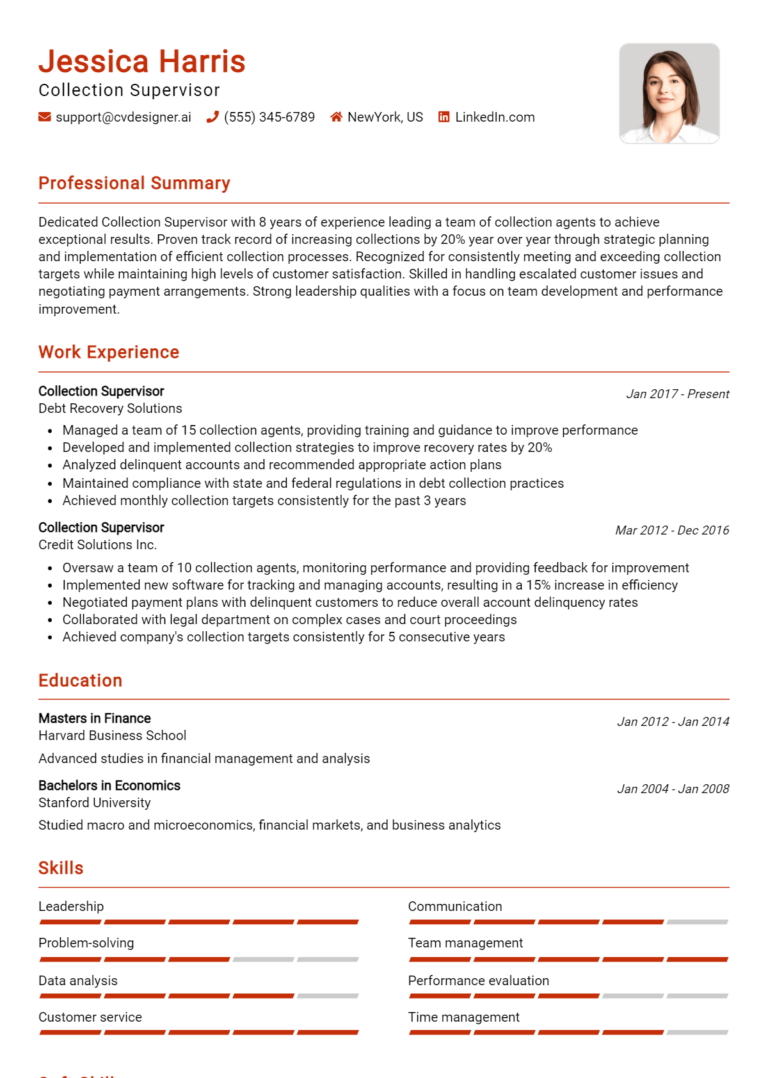 Collection Supervisor Resume Example for 2025: Tips & Templates