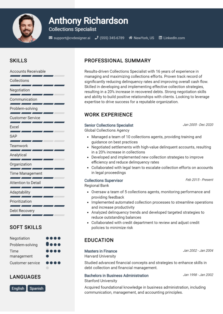 Collections Specialist Resume Example for 2025: Best Tips & Templates