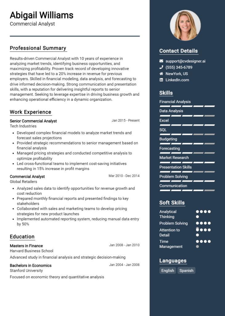 Commercial Analyst Resume Example