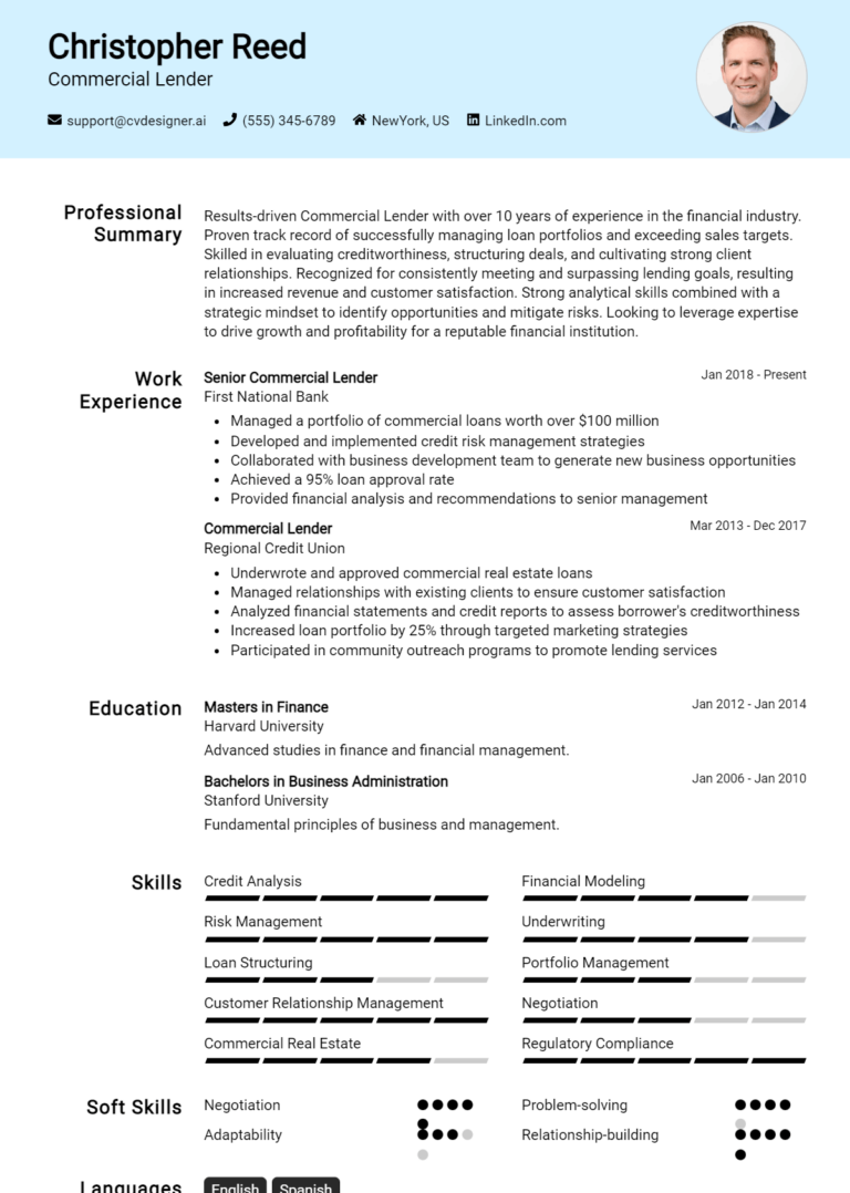 Commercial Lender Resume Example for 2025: Top CV Skills