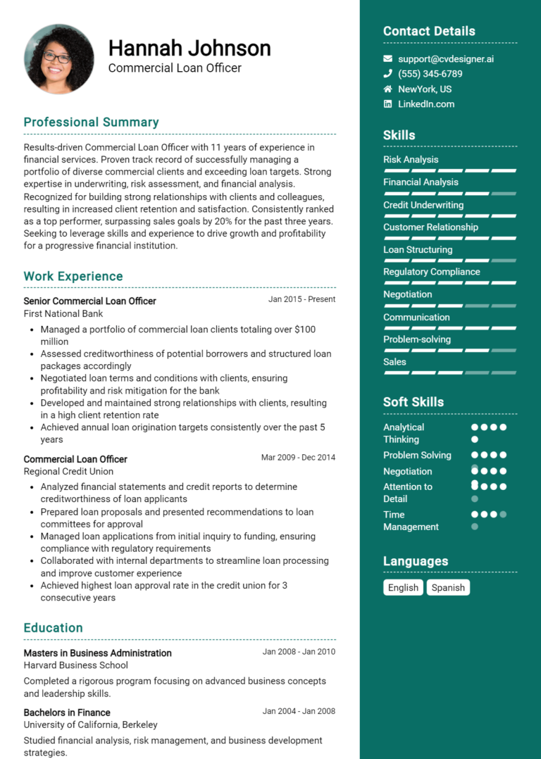 Commercial Loan Officer Resume Example for 2025: Professional CV Templates