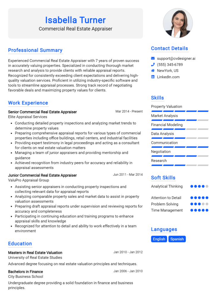 Commercial Real Estate Appraiser Resume Example for 2024: Free ...