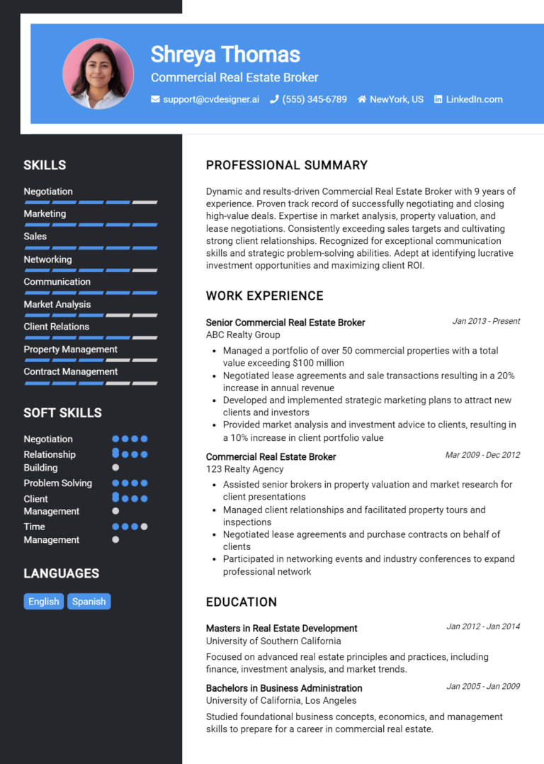 Commercial Real Estate Broker Resume Example for 2025: Best Formatting Tips