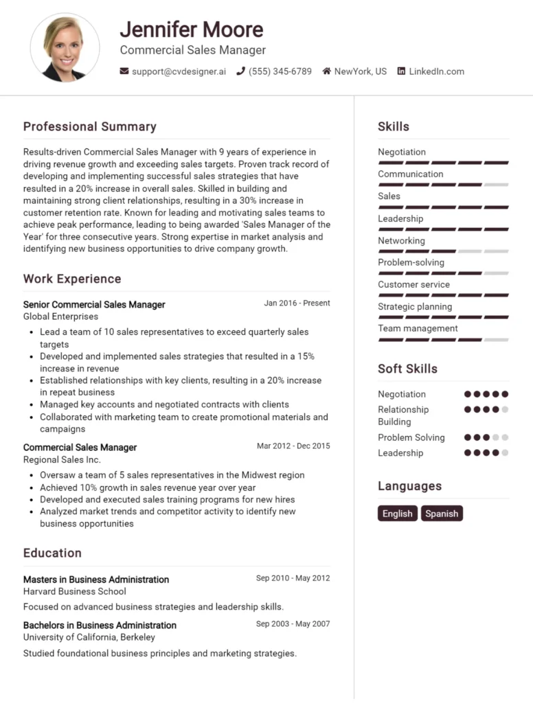 Commercial Sales Manager CV Example