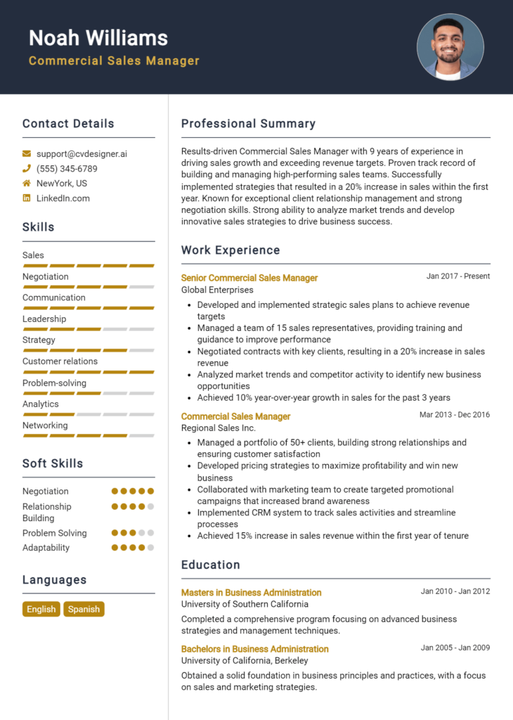 Commercial Sales Manager Resume Example